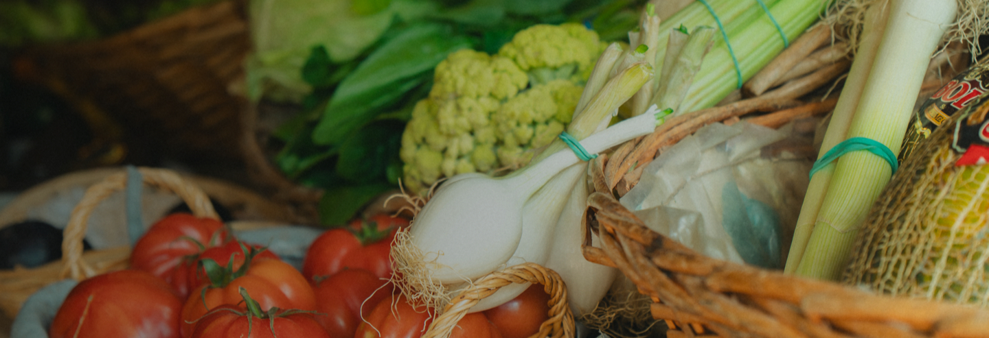 Cistella amb verdures fresques: tomàquets, cebes, api i coliflor